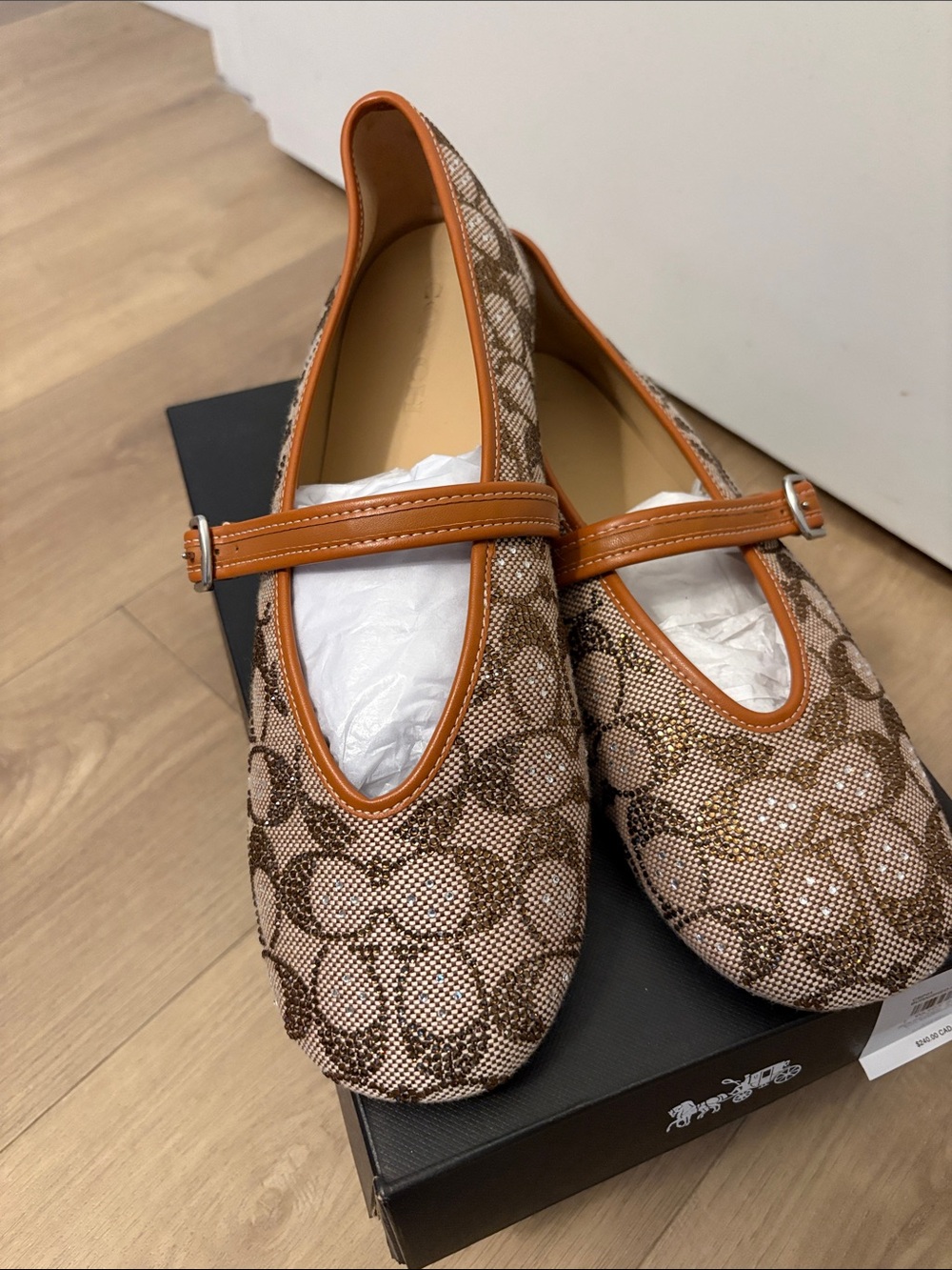 Coach Women’s Sparkle Sig C Brown Mary Jane Flats with Tan Trim Size 11